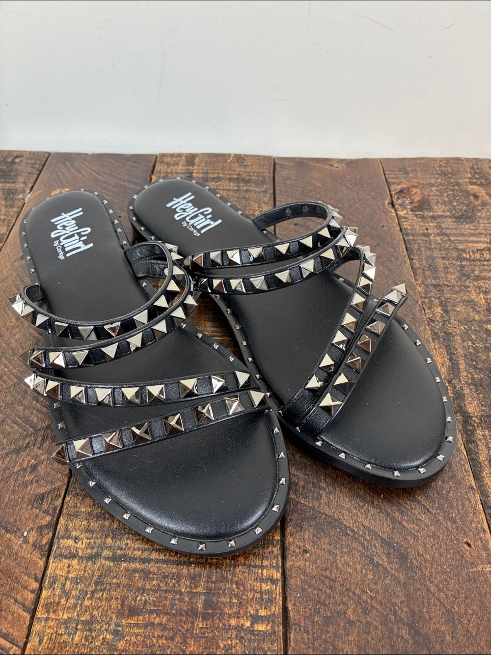 NWoT Hey Girl Corky’s Black Studded Slide Sandals Women’s 8 Flat Silver
